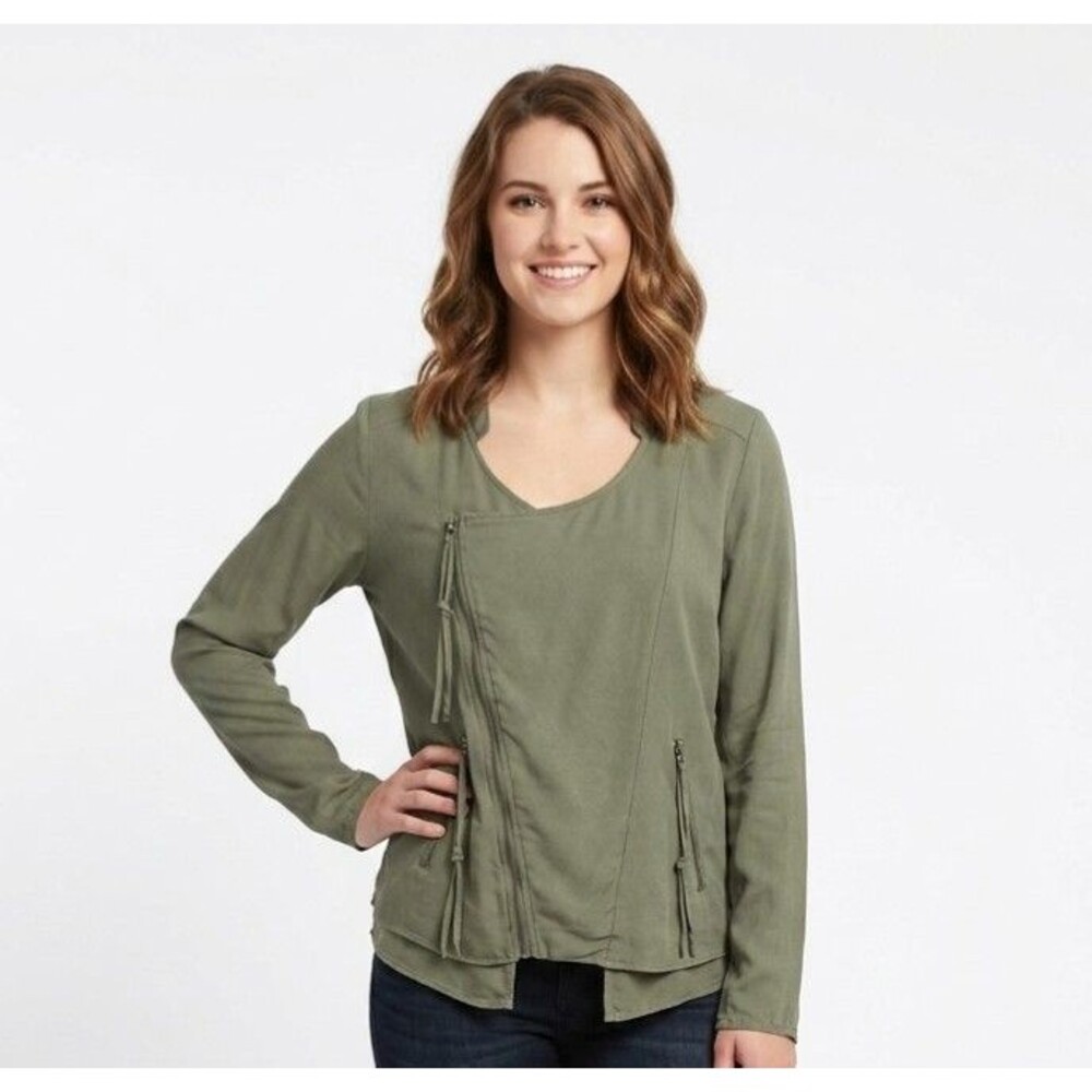 Womens Olive Green Asymmetric Zip Moto Jacket Long Slv Lightweight Top  large